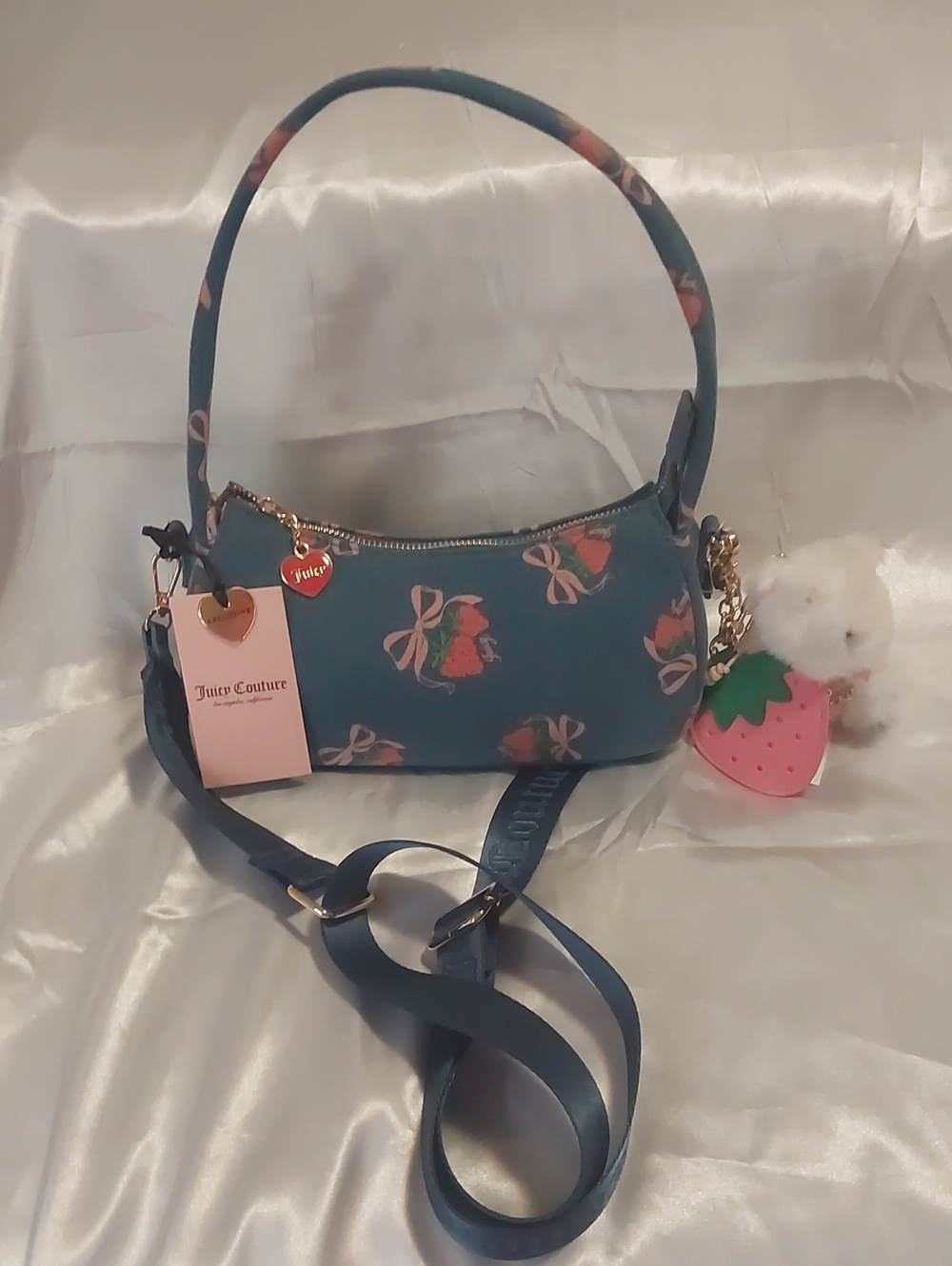 Brand New Juicy Couture Blue Strawberry Print Shoulder Bag & Charms